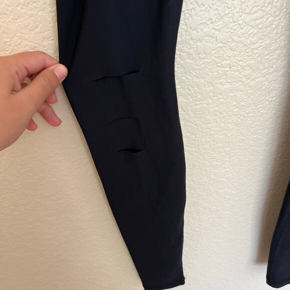 Alo Yoga Ripped Warrior Leggings, Black, Airbrush Knit, High Waist Laser-Cut Fit - Picture 8 of 14